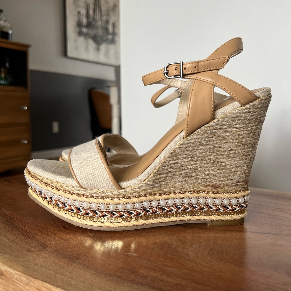 MIA bohemian high heel wedge sandals boho neutral summer shoe 9.5